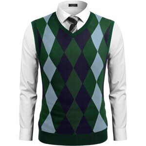 Mens Sleeveless V Neck Sweater Vest Slim Fit Argyle Knit Pullover Casual